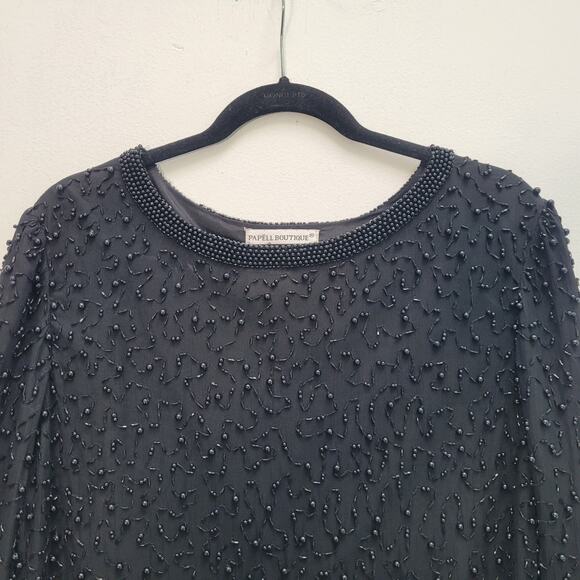 Papell Boutique Evening Black Silk Beaded Tunic Long Sleeve Top Womens Large - Picture 6 of 13